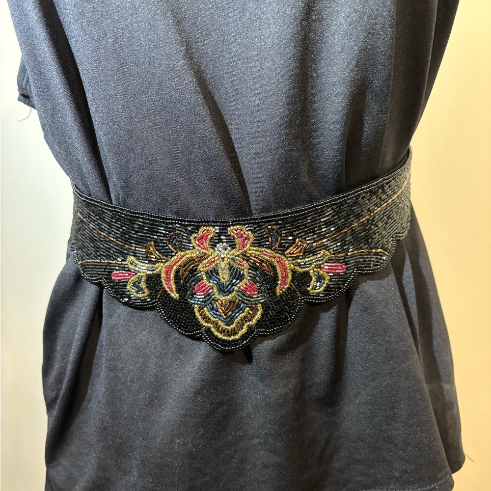 Lillian Vernon‎ Women’s Sash style beaded belt Satin back long black rope